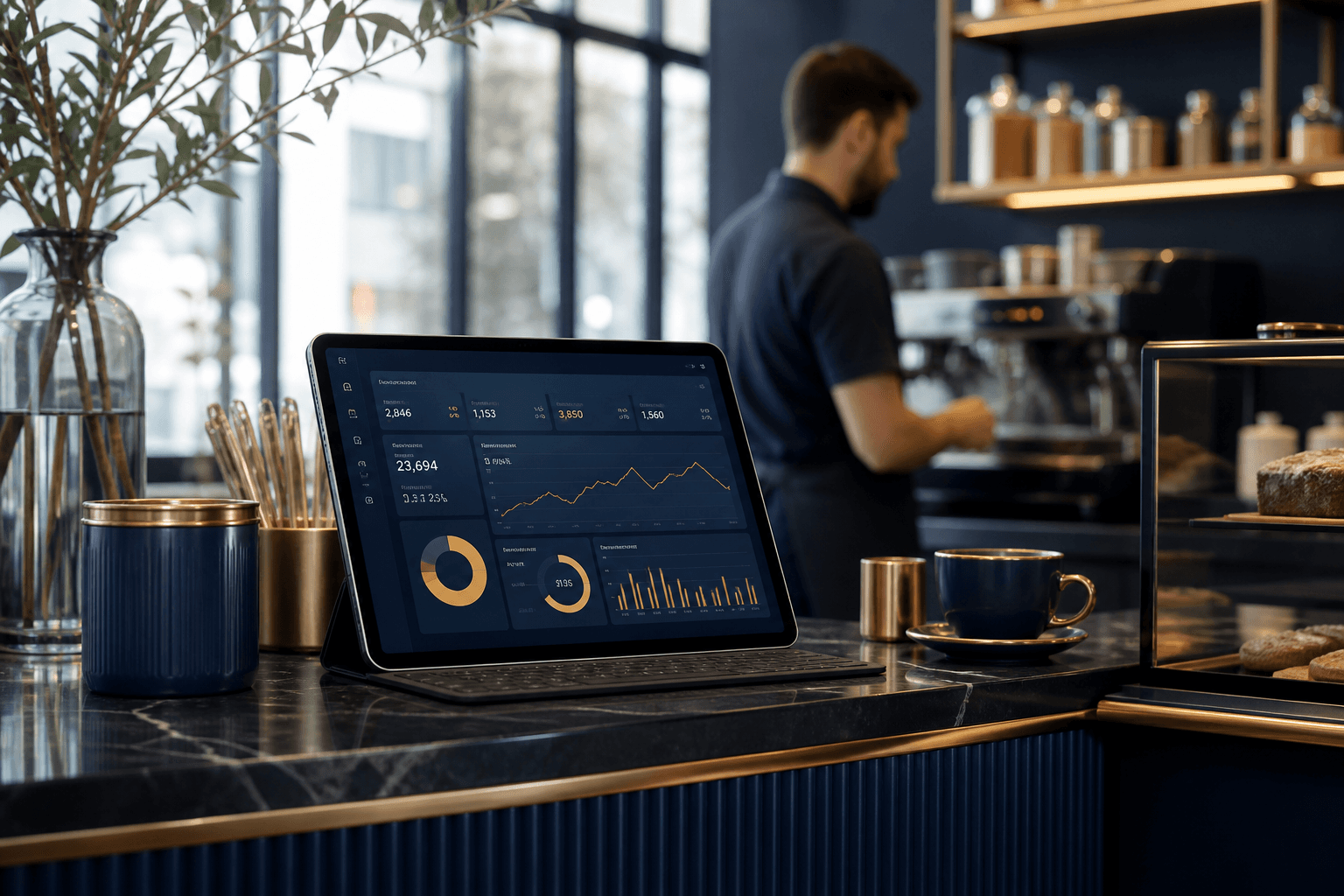 Merchant managing Convoia Rewards loyalty console on tablet at cafe counter