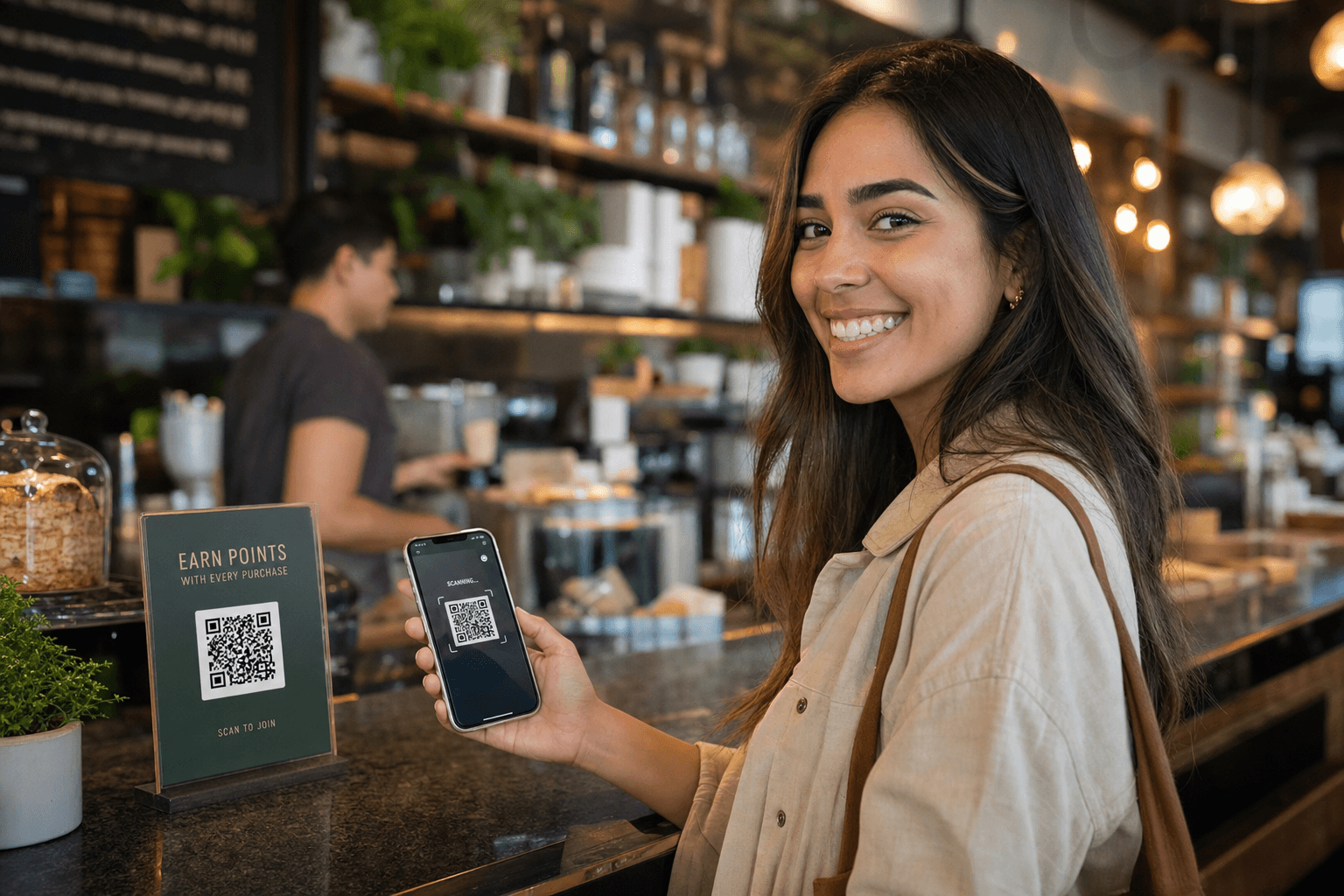 Customer scanning QR code to earn loyalty points at a coffee shop